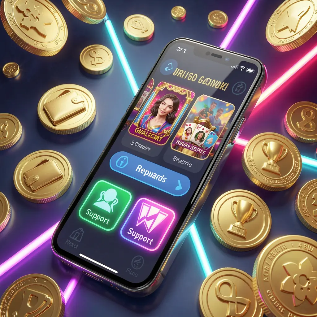 66Q online casino app features displayed on a smartphone surrounded by icons for wallet, games, support, and rewards, with golden coins and neon lights in a luxury 3D render