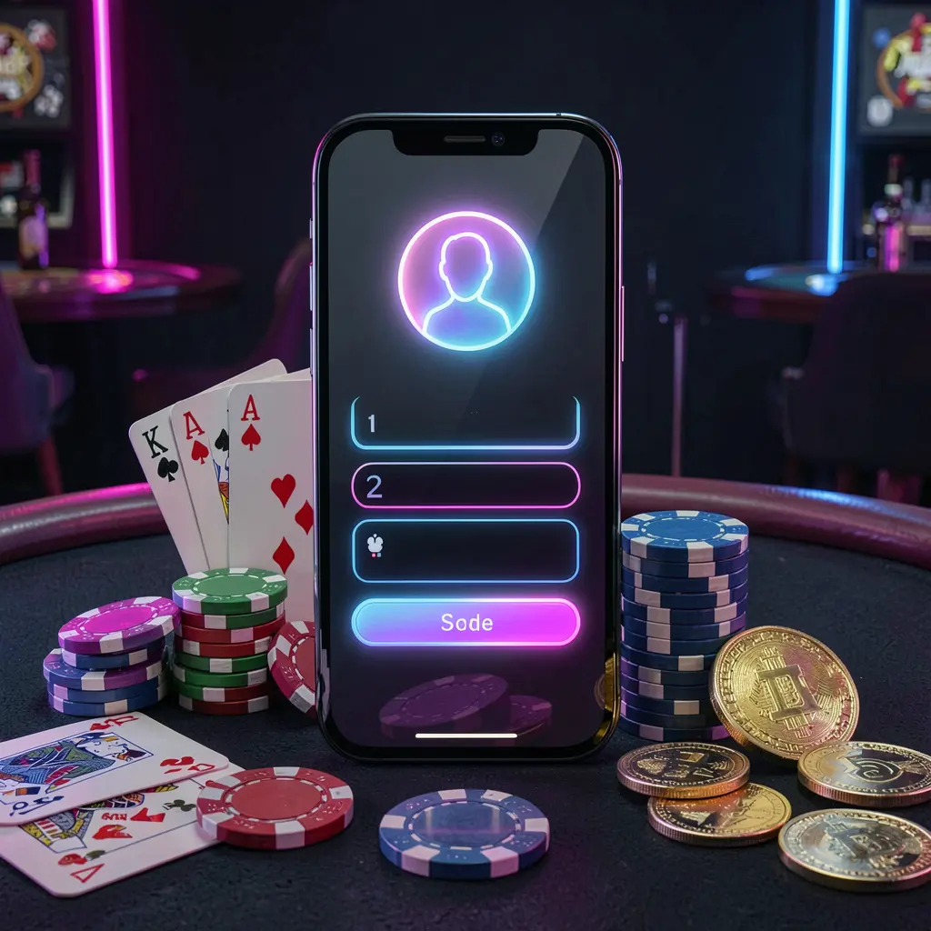 66Q casino app login scene on a smartphone with a glowing user profile icon, surrounded by chips, cards, and coins against an elegant dark background with neon highlights
