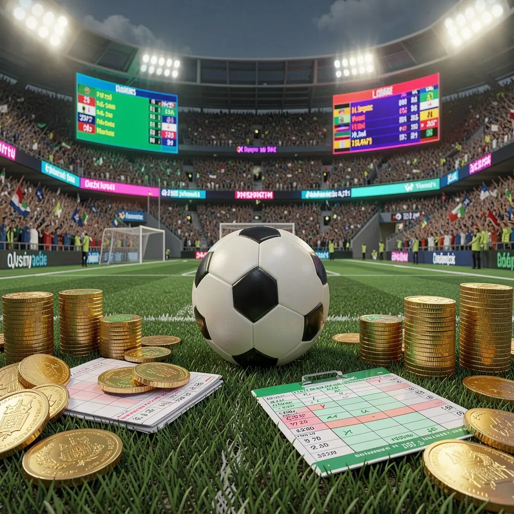 Realistic 3D render of a premium sports betting scene by 66Q featuring a football field with a stadium crowd, a soccer ball, golden coins, betting slip elements, and neon odds panels