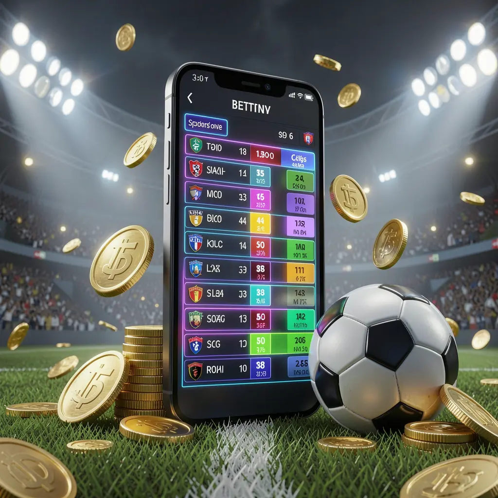 66Q modern football betting visual featuring a smartphone displaying glowing sports odds interface, surrounded by a soccer ball, golden coins, and stadium lights in a premium 3D illustration