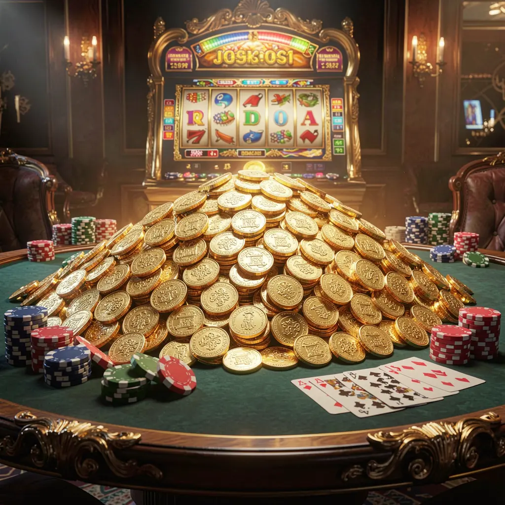 66Q online casino jackpot bonus scene featuring a massive pile of golden coins, a slot machine in the background with glowing jackpot lights, poker chips and playing cards on a luxury table under dramatic cinematic lighting