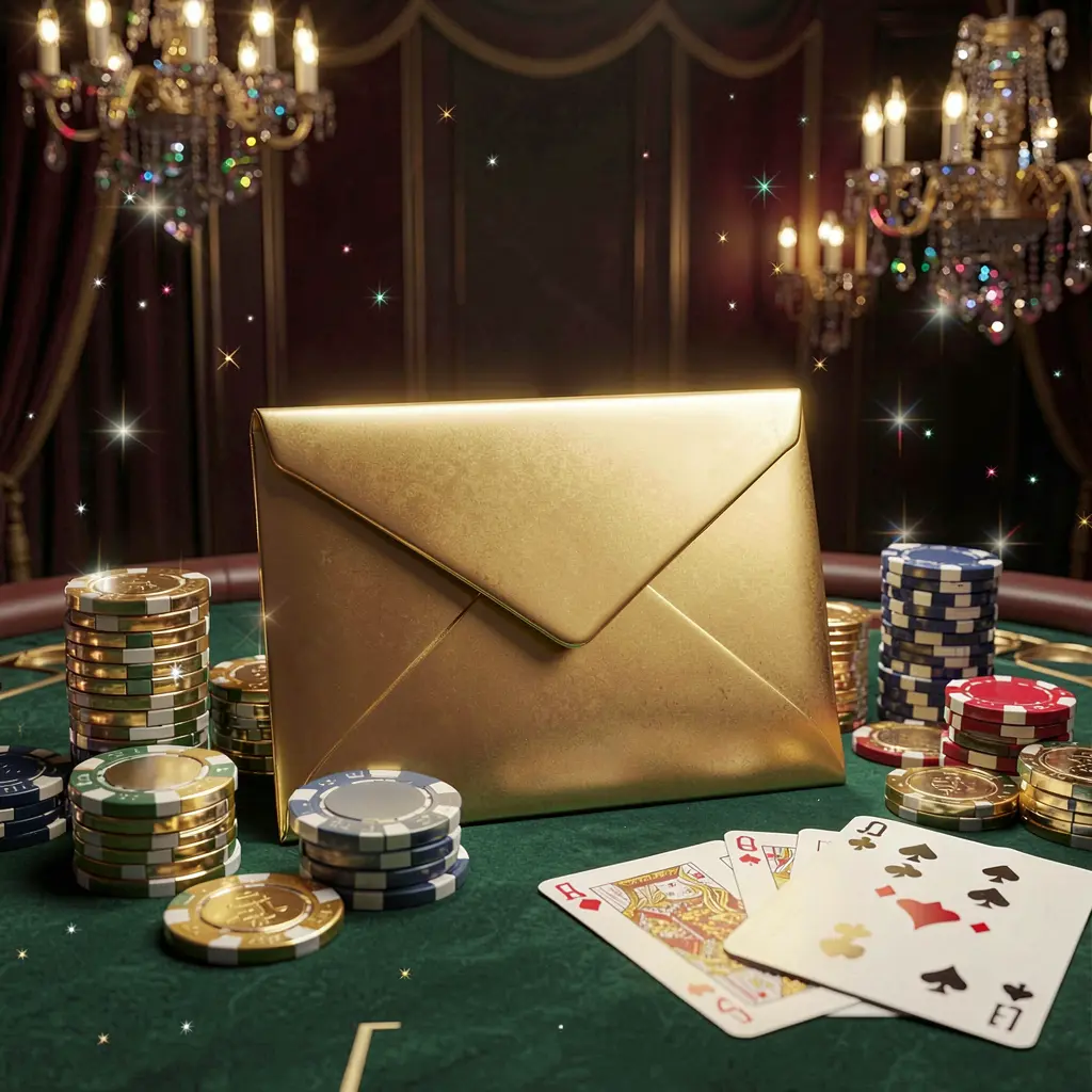 Exclusive casino promotion scene featuring a golden envelope, chips, coins, and playing cards with sparkling lights on a luxury dark background, showcasing 66Q brand's cinematic 3D render
