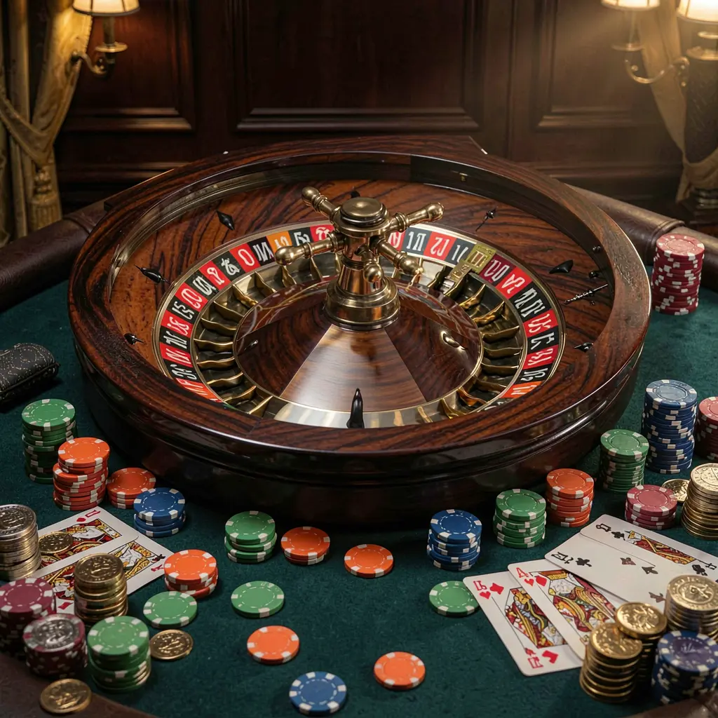 66Q classic casino scene featuring a spinning roulette wheel, scattered chips, playing cards, and coins on an elegant dark table with cinematic lighting 66Q classic casino scene featuring a spinning roulette wheel, scattered chips, playing cards, and coins on an elegant dark table with cinematic lighting