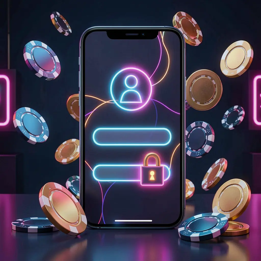 66Q mobile gaming login page concept showing a smartphone with an abstract login interface featuring user and lock icons, surrounded by casino chips and coins under luxury neon lighting