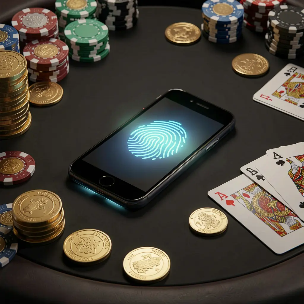 66Q online casino authentication concept showing a phone with fingerprint scan glow on a premium black table surrounded by poker chips, golden coins, and playing cards in a cinematic 3D render