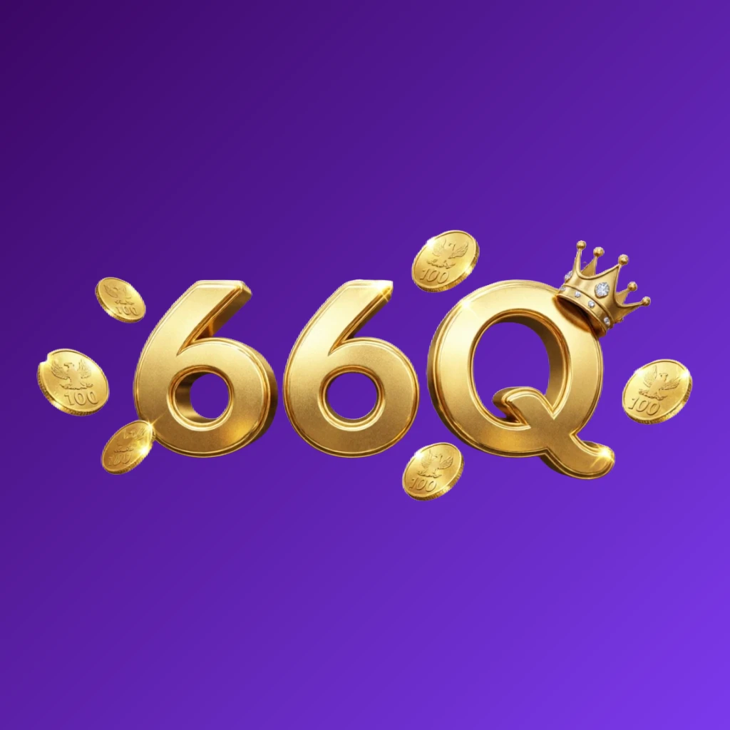 66Q casino-style logo with golden letters and a crown element surrounded by sparkling coins, creating a luxury gaming atmosphere in a wide horizontal rectangular wordmark on a transparent background