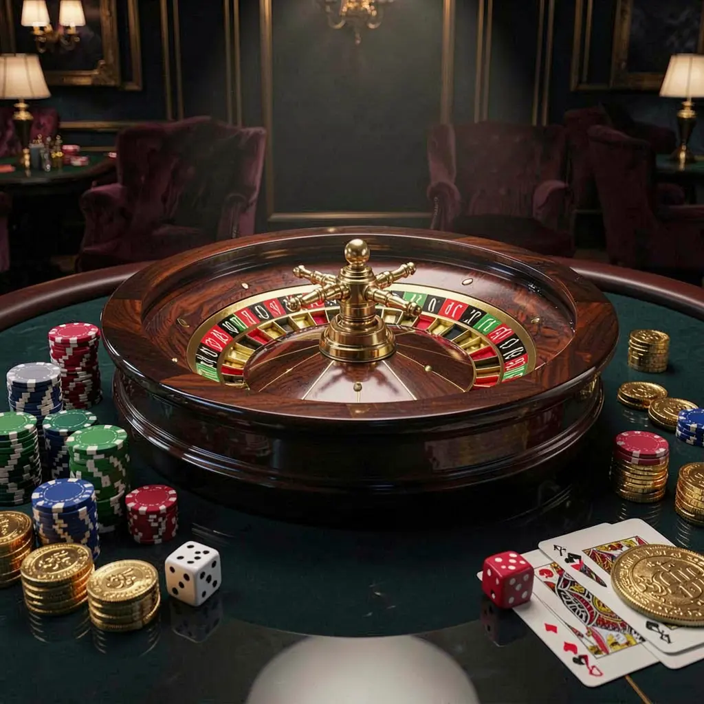 Premium casino homepage scene featuring a roulette wheel spinning on a glossy table with poker chips, dice, cards, and golden coins against an elegant dark background with cinematic lighting, showcasing the 66Q brand.